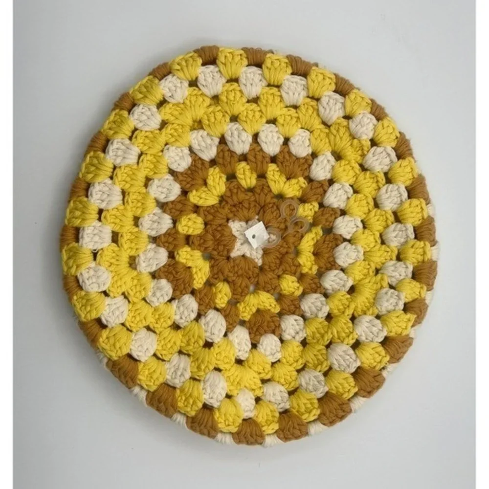 Free People Womens Crochet Beret Hat Yellow Brown Granny Square Cotton Boho 70's